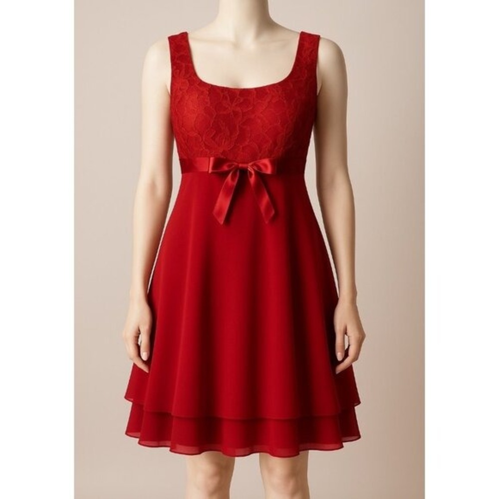 90s Babydoll Lace Overlay Sleeveless Dress With Satin Bow & Tiered Hem Size 5